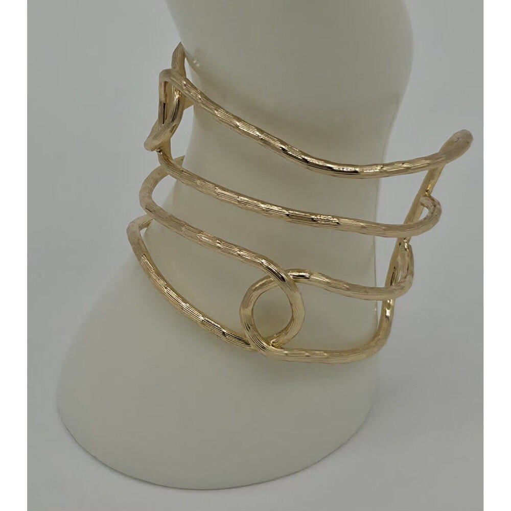 18K Gold Plated Copper Wide Cuff Bracelet – Textured Multi-Strand Open Bangle